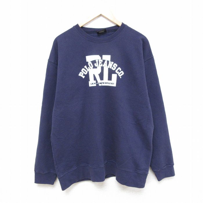 XL★古着 ラルフローレン Ralph Lauren ポロジーンズ 長袖 ブランド スウェット メンズ 90年代 90s ビッグロゴ クルーネック USA製 紺 ネイビー 【spe】 25mar26 中古 スエット トレーナー トップス
