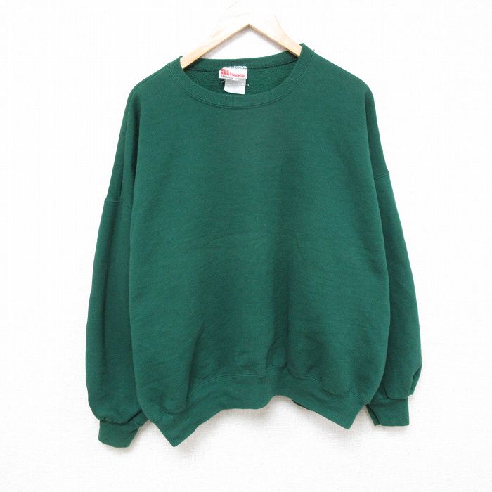 XL★古着 ヘインズ Hanes 長袖 スウェット メンズ 00年代 00s 無地 大きいサイズ クルーネック 緑 グリーン 25mar26 中古 スエット トレーナー トップス