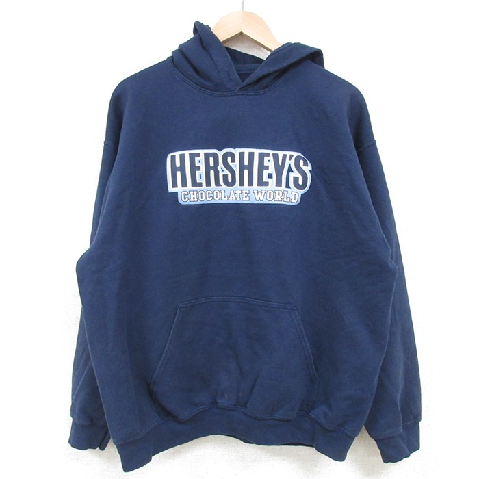 L★古着 長袖 スウェット パーカー メンズ 00年代 00s ハーシーズ チョコレートワールド 紺 ネイビー 25mar27 中古 スエット トレーナー トップス