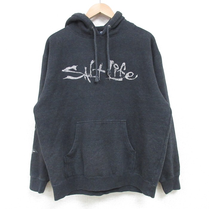 L★古着 長袖 スウェット パーカー メンズ SALTLIFE 濃グレー 霜降り 25mar27 中古 スエット トレーナー トップス