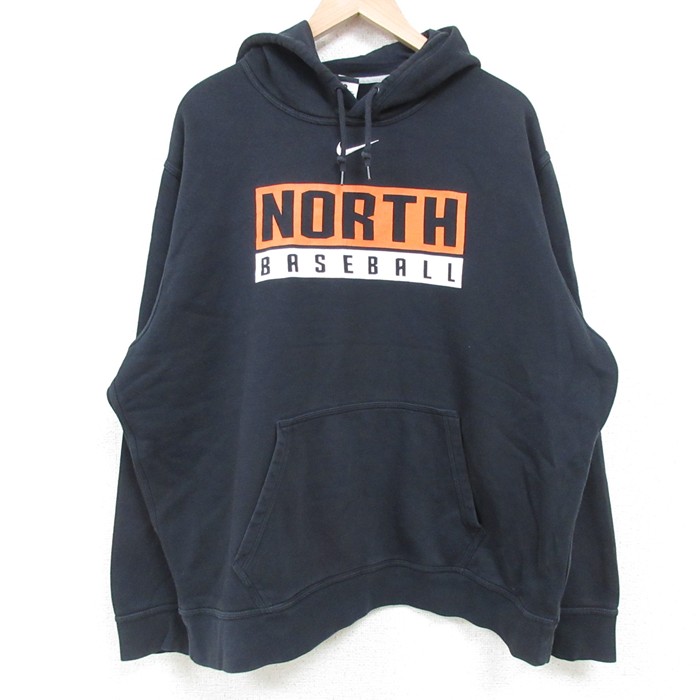 XL★古着 ナイキ NIKE 長袖 スウェット パーカー メンズ NORTH 野球 センタースウォッシュ 大きいサイズ 黒 ブラック 25mar27 中古 スエット トレーナー トップス