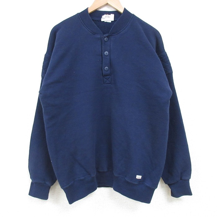 L★古着 リー Lee 長袖 スウェット メンズ 90年代 90s 無地 ヘンリーネック USA製 紺 ネイビー 【spe】 25mar27 中古 スエット トレーナー トップス