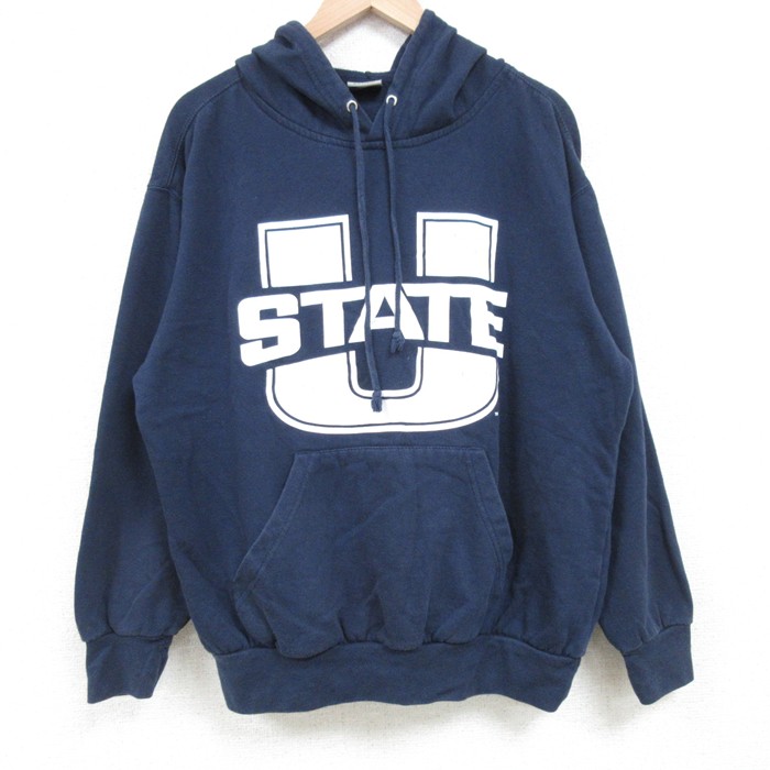 L★古着 MVスポーツ 長袖 スウェット パーカー メンズ 00年代 00s UTAH STATE 紺 ネイビー 25mar27 中古 スエット トレーナー トップス