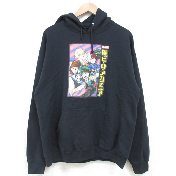 【50%OFF】M★古着 長袖 スウェット パーカー メンズ アニメ 僕のヒーローアカデミア 緑谷出久 グリーン 黒 ブラック 25mar27 中古 スエット トレーナー トップス