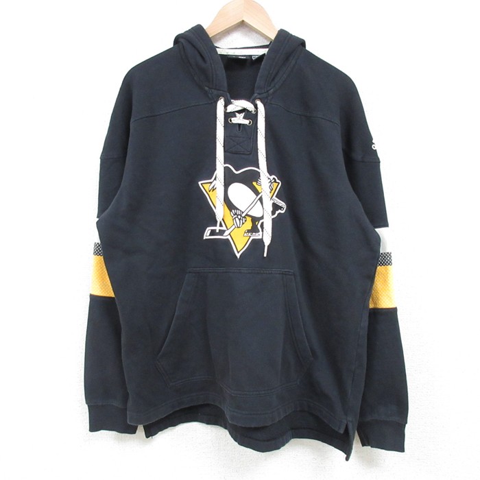 L★古着 アディダス adidas 長袖 スウェット パーカー メンズ NHL ピッツバーグペンギンズ ラグラン 黒 ブラック フード内側メッシュ アイスホッケー 25mar27 中古 スエット トレーナー トップス