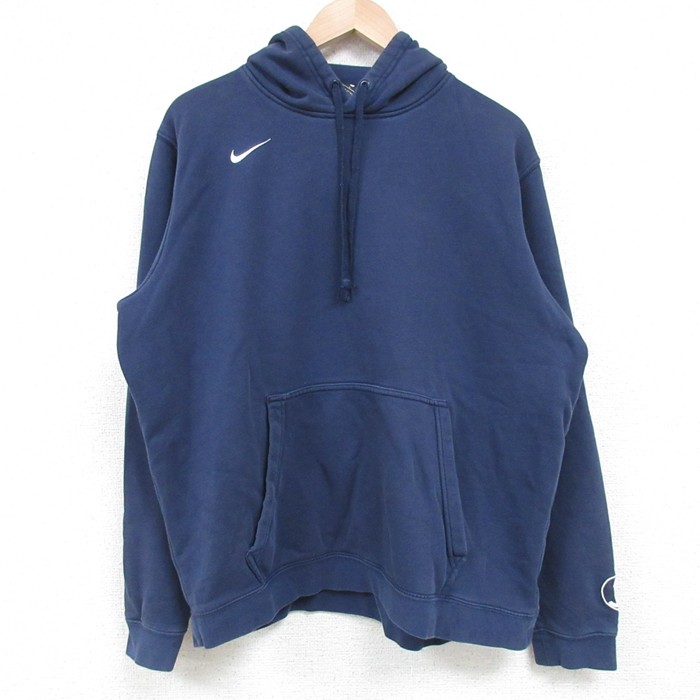 L★古着 ナイキ NIKE 長袖 スウェット パーカー メンズ ワンポイントロゴ 紺 ネイビー 25mar27 中古 スエット トレーナー トップス