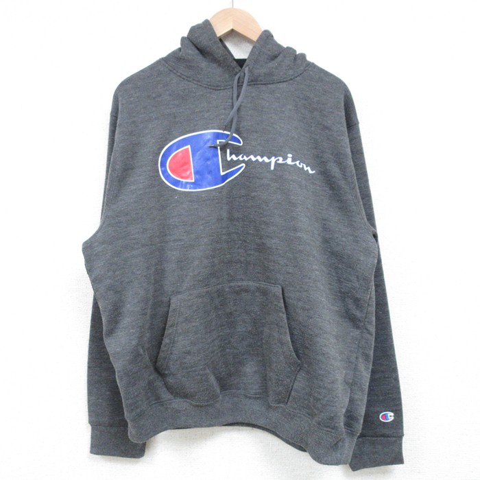 【50%OFF】L★古着 チャンピオン Champion 長袖 スウェット パーカー メンズ ビッグロゴ 濃グレー 霜降り 25mar27 中古 スエット トレーナー トップス