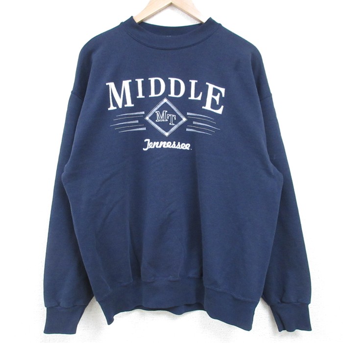 【50%OFF】L★古着 長袖 スウェット メンズ 90年代 90s MIDDLE クルーネック USA製 紺 ネイビー 25mar27 中古 スエット トレーナー トップス
