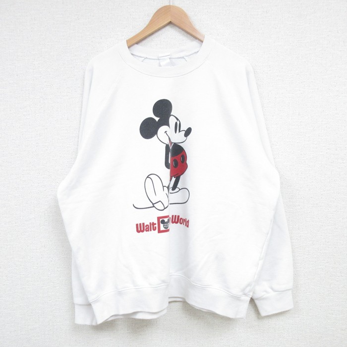 XL★古着 長袖 スウェット メンズ ディズニー DISNEY ミッキー MICKEY MOUSE ラグラン クルーネック 白 ホワイト 25mar27 中古 スエット トレーナー トップス
