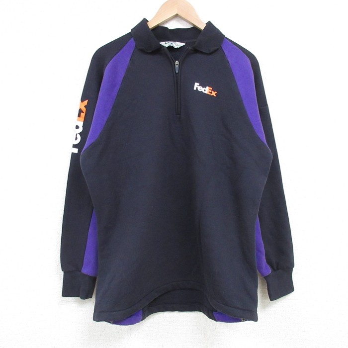 【50%OFF】L★古着 長袖 ハーフジップ スウェット メンズ フェデックス ツートンカラー 襟付き 黒他 ブラック 25mar27 中古 スエット トレーナー トップス