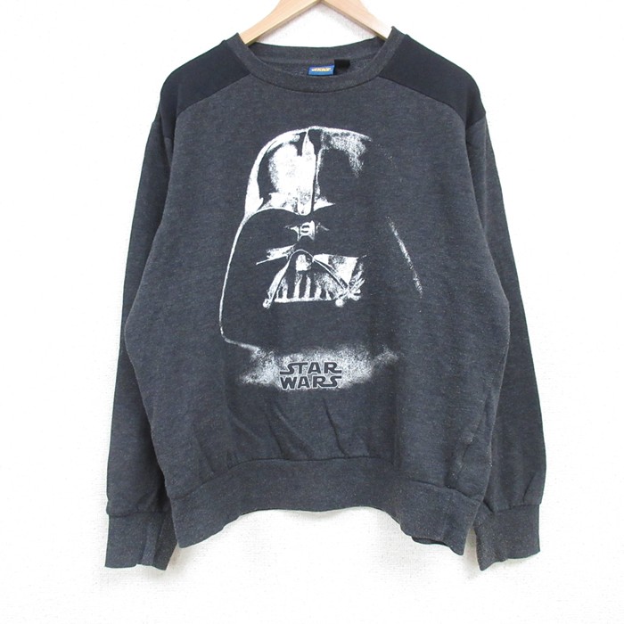 L★古着 長袖 スウェット メンズ スターウォーズ STAR WARS ダースベイダー クルーネック 濃グレー 霜降り 25mar27 中古 スエット トレーナー トップス