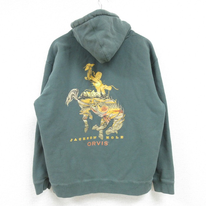 L★古着 オービス ORVIS 長袖 スウェット パーカー メンズ ワンポイントロゴ 緑 グリーン 25mar27 中古 スエット トレーナー トップス