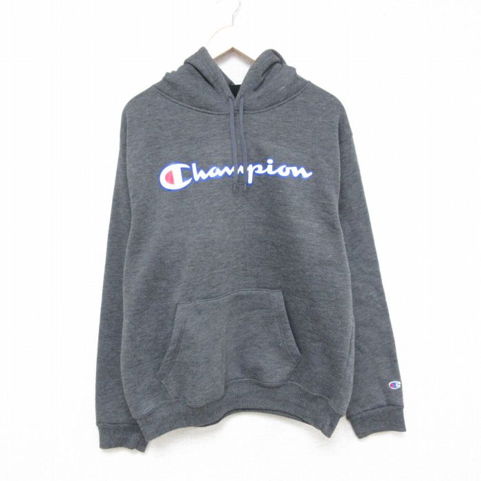 【50%OFF】XL★古着 チャンピオン Champion 長袖 スウェット パーカー メンズ ビッグロゴ ポリエステル 濃グレー 霜降り 25mar28 中古 スエット トレーナー トップス