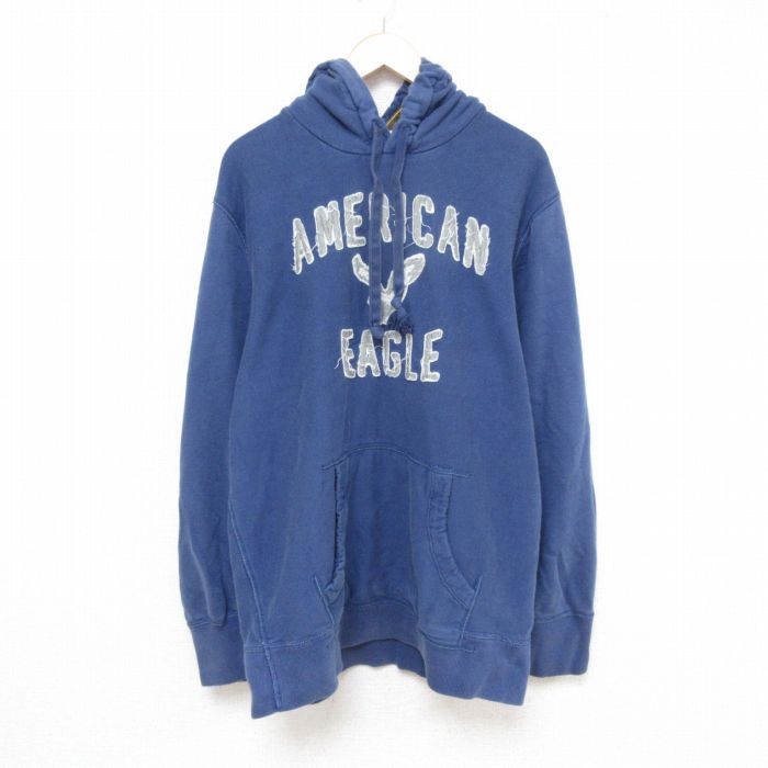 XL★古着 アメリカンイーグル American Eagle 長袖 スウェット パーカー メンズ ビッグロゴ 刺繍 ロング丈 薄紺 ネイビー フード内側サーマル 25mar28 中古 スエット トレーナー トップス