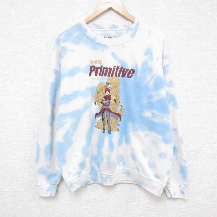 L★古着 長袖 スウェット メンズ アニメ NARUTO ナルト疾風伝 我愛羅 クルーネック 水色他 ブリーチ加工 25mar28 中古 スエット トレーナー トップス