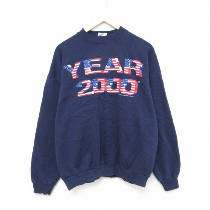 XL★古着 長袖 スウェット メンズ 00年代 00s YEAR 2000 星条旗 クルーネック 紺 ネイビー 25mar28 中古 スエット トレーナー トップス
