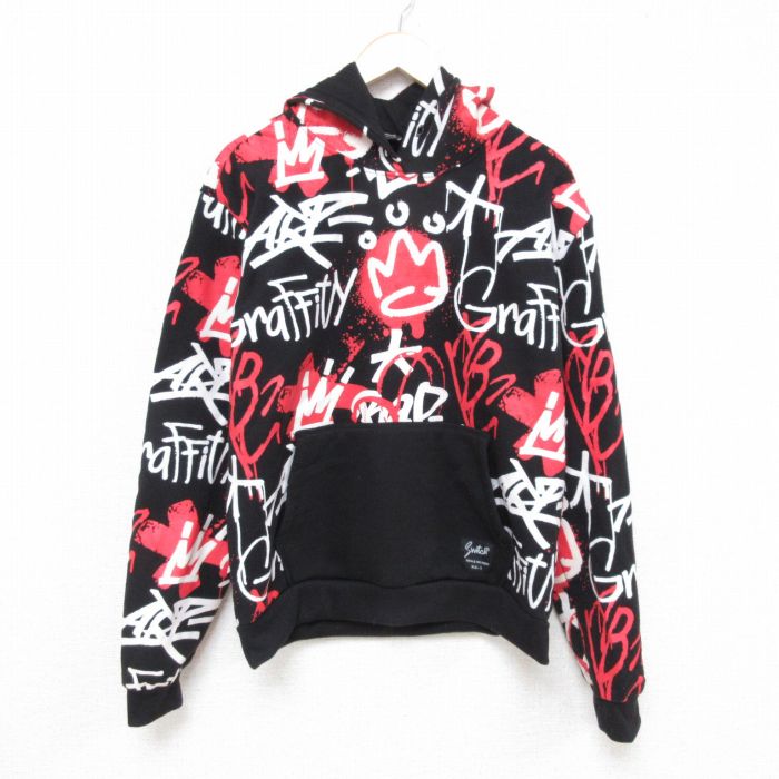【50%OFF】L★古着 長袖 スウェット パーカー メンズ 総柄 黒 ブラック 25mar28 中古 スエット トレーナー トップス