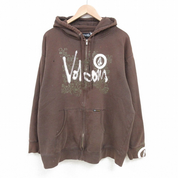 L★古着 ボルコム VOLCOM 長袖 フルジップ スウェット パーカー メンズ ビッグロゴ 茶 ブラウン 25mar28 中古 スエット トレーナー トップス