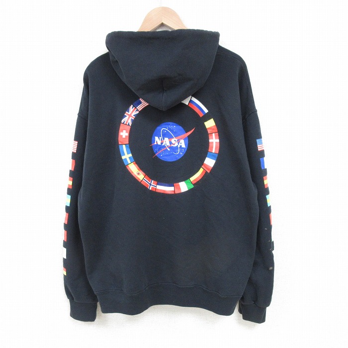 XL★古着 長袖 スウェット パーカー メンズ NASA 国旗 日の丸 星条旗 黒 ブラック 【spe】 25mar28 中古 スエット トレーナー トップス