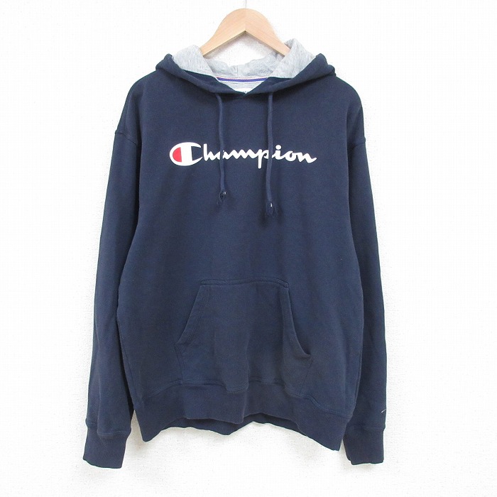 【50%OFF】XL★古着 チャンピオン Champion 長袖 スウェット パーカー メンズ ビッグロゴ 紺 ネイビー 25mar28 中古 スエット トレーナー トップス