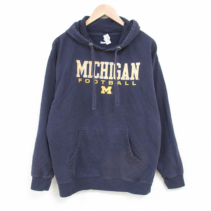【20%OFF】L★古着 長袖 スウェット パーカー メンズ ミシガン 大学 フットボール 紺 ネイビー 25mar28 中古 スエット トレーナー トップス