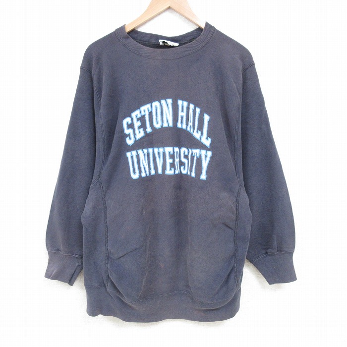 L★古着 長袖 スウェット メンズ 90年代 90s シートンホール 大学 クルーネック 濃グレー 【spe】 25mar28 中古 スエット トレーナー トップス
