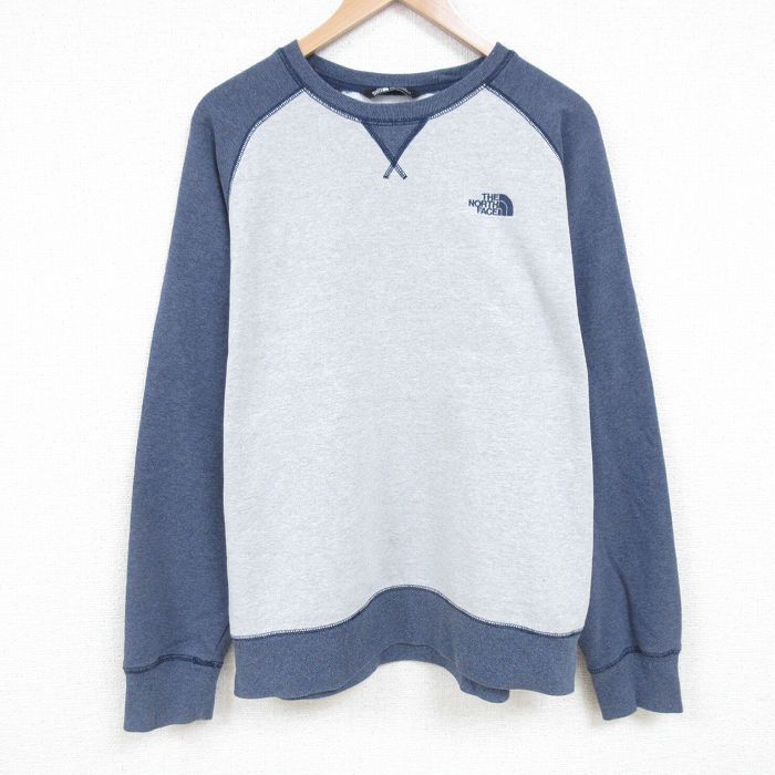 XL★古着 ノースフェイス THE NORTH FACE 長袖 スウェット メンズ ワンポイントロゴ ツートンカラー 大きいサイズ ラグラン クルーネック グレー他 霜降り 25mar29 中古 スエット トレーナー トップス