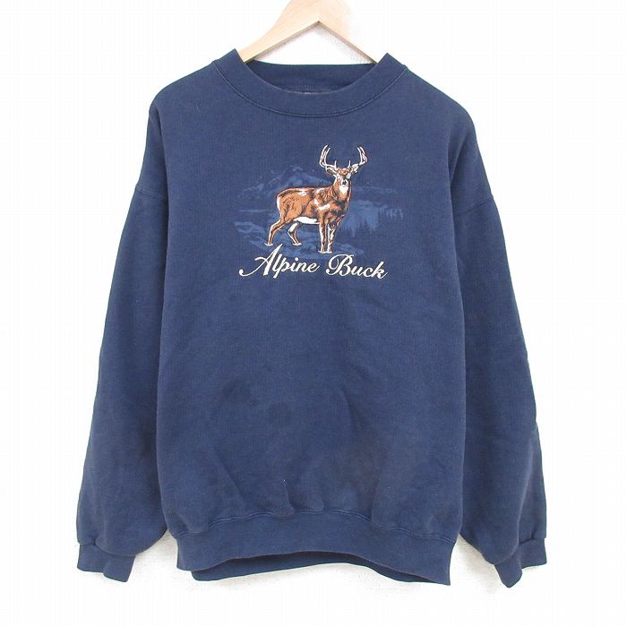 XL★古着 長袖 スウェット メンズ 00年代 00s 鹿 刺繍 大きいサイズ クルーネック 紺 ネイビー 25mar29 中古 スエット トレーナー トップス