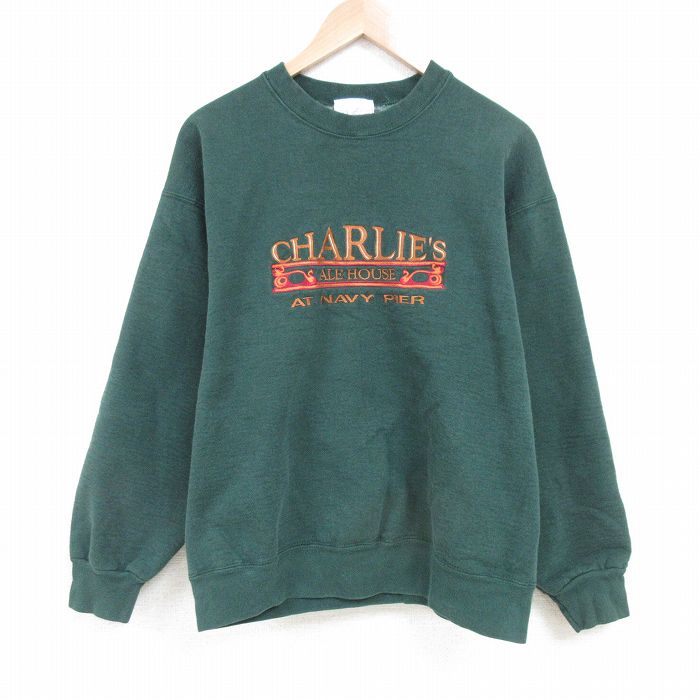 【20%OFF】L★古着 長袖 スウェット メンズ 90年代 90s 刺繍 クルーネック USA製 緑 グリーン 25mar29 中古 スエット トレーナー トップス