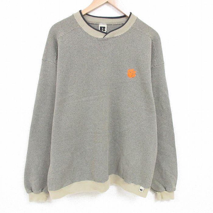 XL★古着 ラッセル 長袖 スウェット メンズ 90年代 90s 肉球 鹿の子 大きいサイズ クルーネック USA製 濃ベージュ カーキ 【spe】 25mar29 中古 スエット トレーナー トップス