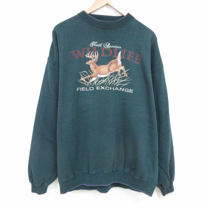 XL★古着 長袖 スウェット メンズ 00年代 00s 鹿 刺繍 大きいサイズ クルーネック 濃緑 グリーン 25mar29 中古 スエット トレーナー トップス