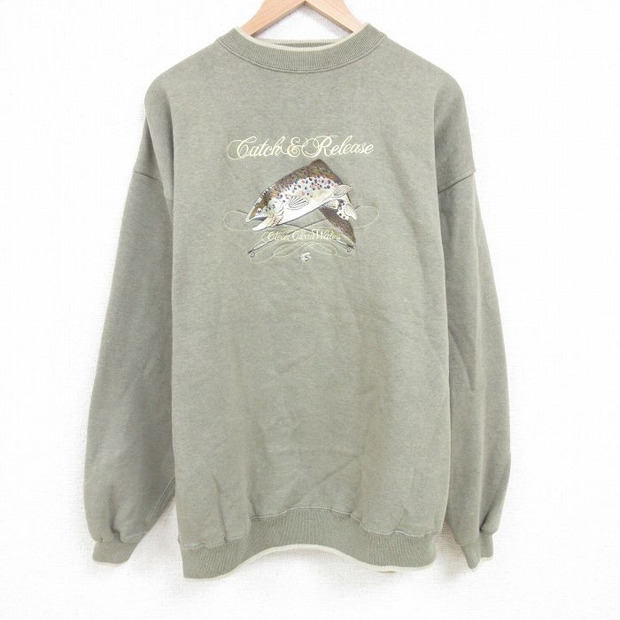 XL★古着 長袖 スウェット メンズ 00年代 00s 魚 刺繍 大きいサイズ クルーネック 緑 グリーン 霜降り 25mar29 中古 スエット トレーナー トップス