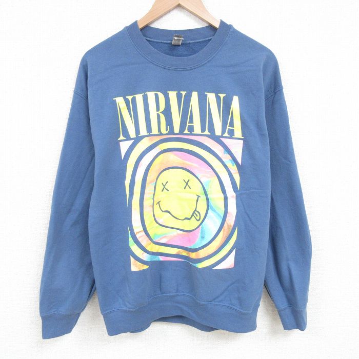 L★古着 長袖 ロック バンド スウェット メンズ ニルヴァーナ ニルバーナ クルーネック 薄紺 ネイビー 25mar29 中古 スエット トレーナー トップス