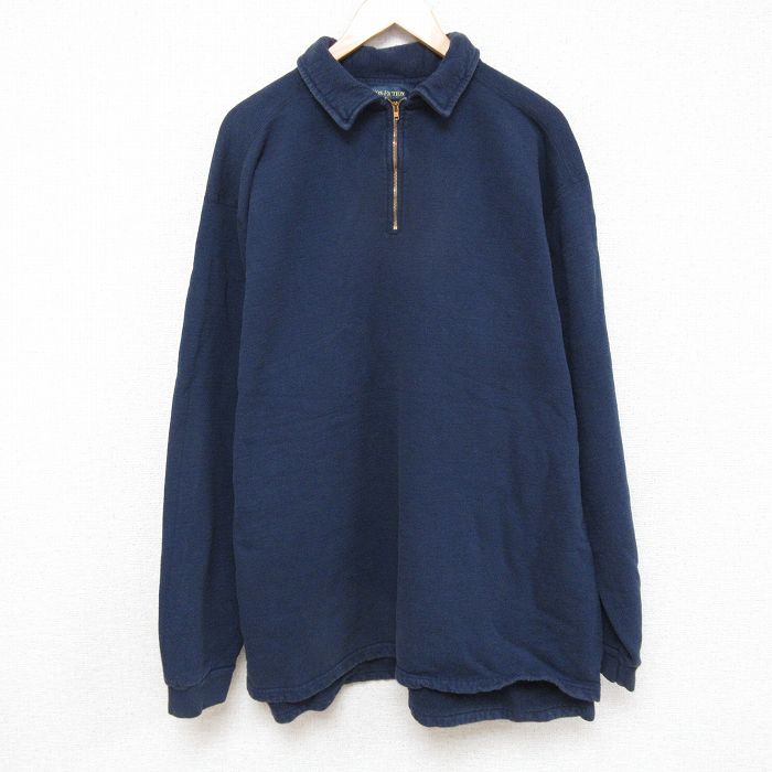 XL★古着 長袖 ハーフジップ スウェット メンズ 00年代 00s 無地 大きいサイズ コットン クルーネック カナダ製 紺 ネイビー 25mar31 中古 スエット トレーナー トップス