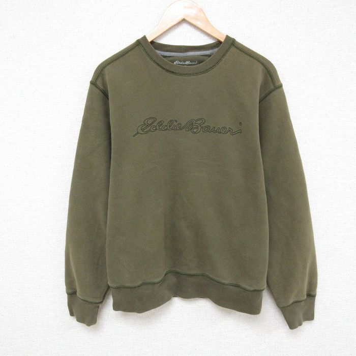 L★古着 エディーバウアー Eddie Bauer 長袖 スウェット メンズ ビッグロゴ 刺繍 クルーネック 濃緑 グリーン 25mar31 中古 スエット トレーナー トップス