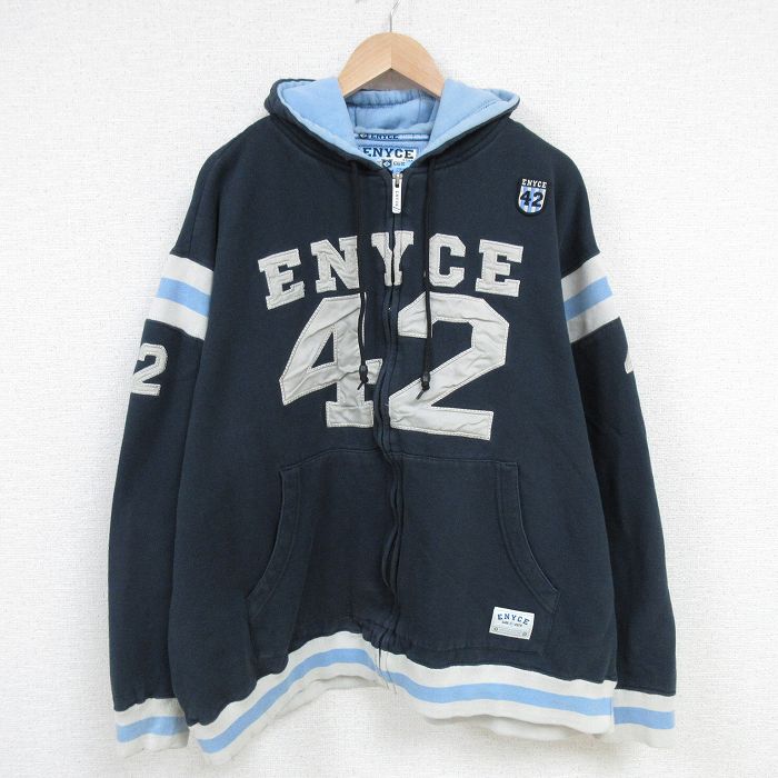 XL★古着 ENYCE 長袖 フルジップ スウェット パーカー メンズ 42 刺繍 大きいサイズ 紺 ネイビー 25mar31 中古 スエット トレーナー トップス
