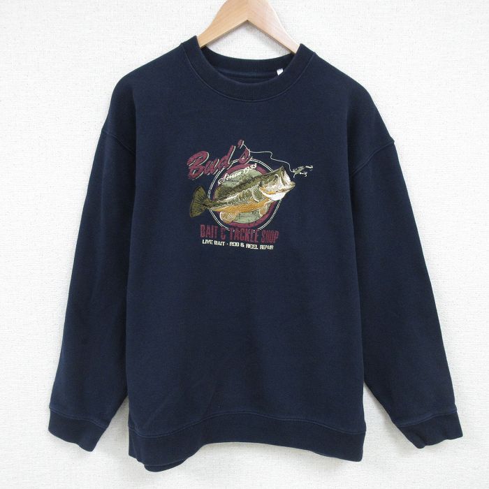 【50%OFF】XL★古着 長袖 スウェット メンズ 魚 刺繍 クルーネック 濃紺 ネイビー 25mar31 中古 スエット トレーナー トップス