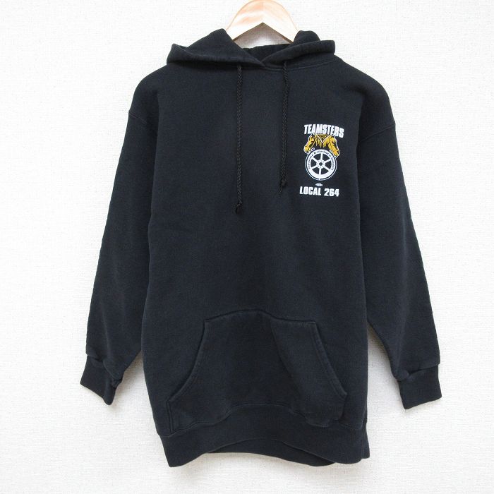 【50%OFF】M★古着 長袖 スウェット パーカー メンズ 00年代 00s TEAMSTERS USA製 黒 ブラック 25mar31 中古 スエット トレーナー トップス