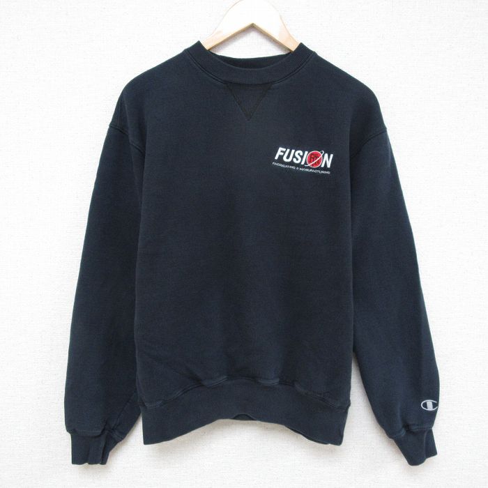L★古着 チャンピオン Champion 長袖 スウェット メンズ FUSION クルーネック 黒 ブラック 25mar31 中古 スエット トレーナー トップス