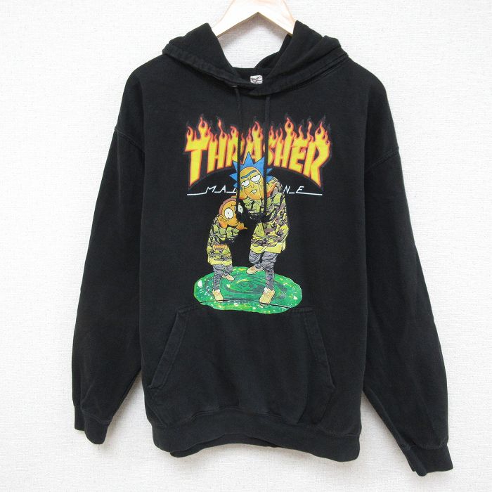 XL★古着 長袖 スウェット パーカー メンズ THRASHER スラッシャー アニメ リックアンドモーティ 黒 ブラック 25mar31 中古 スエット トレーナー トップス