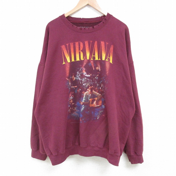 XL★古着 長袖 ロック バンド スウェット メンズ ニルヴァーナ ボロ 大きいサイズ クルーネック エンジ 25mar31 中古 スエット トレーナー トップス