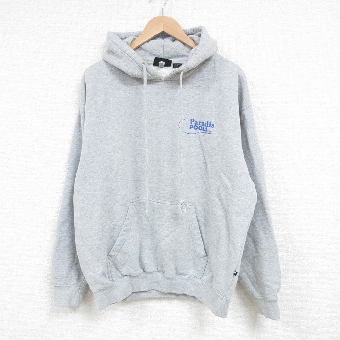 XL★古着 長袖 スウェット パーカー メンズ ワンポイントロゴ Paradis POOLS 薄グレー 霜降り 25mar31 中古 スエット トレーナー トップス