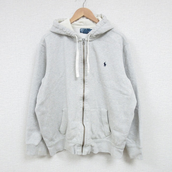 XL★古着 ラルフローレン Ralph Lauren 長袖 ブランド フルジップ スウェット パーカー メンズ 90年代 90s ワンポイントロゴ 大きいサイズ 薄グレー 霜降り フード内側サーマル 25mar31 中古 スエット トレーナー トップス
