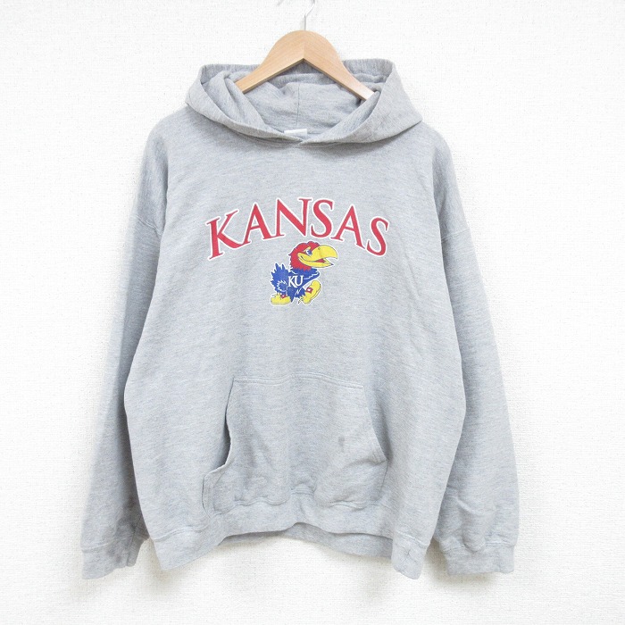 XL★古着 長袖 トップス パーカー メンズ 00年代 00s NCAA カンザスジェイホークス 薄グレー 霜降り 25mar31 中古 スエット トレーナー