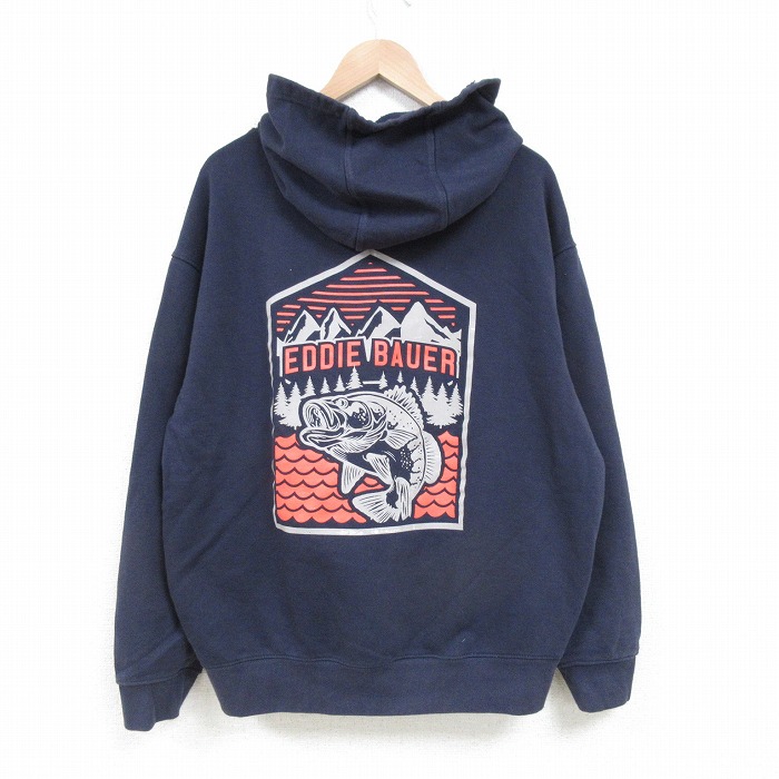 XL★古着 エディーバウアー Eddie Bauer 長袖 スウェット パーカー メンズ 魚 大きいサイズ 紺 ネイビー 25mar31 中古 スエット トレーナー トップス