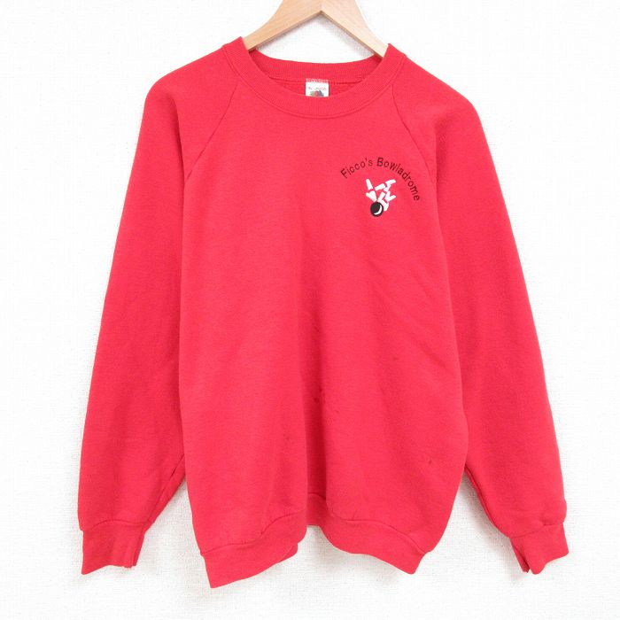 【50%OFF】XL★古着 フルーツオブザルーム 長袖 スウェット メンズ 90年代 90s ボーリング ラグラン クルーネック USA製 赤 レッド 25apr01 中古 スエット トレーナー トップス
