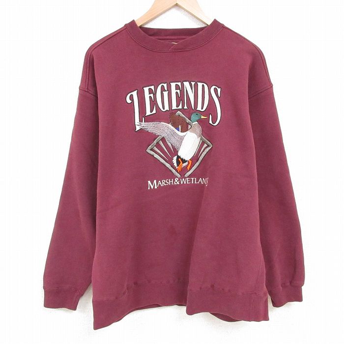 XL★古着 長袖 スウェット メンズ 00年代 00s カモ 刺繍 クルーネック エンジ 25apr01 中古 スエット トレーナー トップス