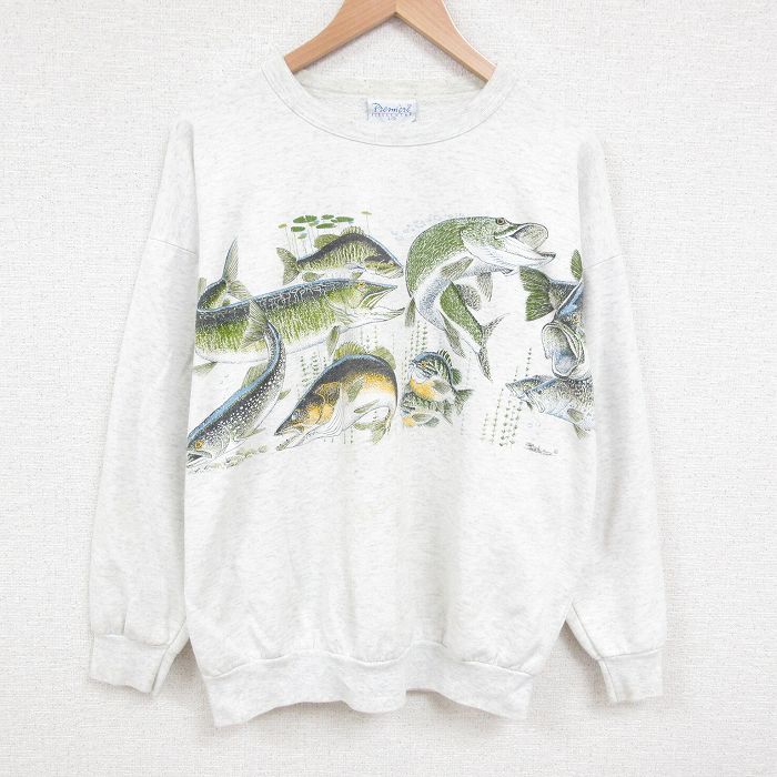 XL★古着 長袖 スウェット メンズ 90年代 90s 魚 大きいサイズ クルーネック 薄グレー 霜降り 25apr01 中古 スエット トレーナー トップス