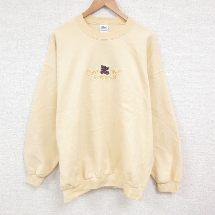 【50%OFF】【50%OFF】XL★古着 長袖 スウェット メンズ 00年代 00s 刺繍 大きいサイズ クルーネック 薄黄 イエロー 25apr01 中古 スエット トレーナー トップス
