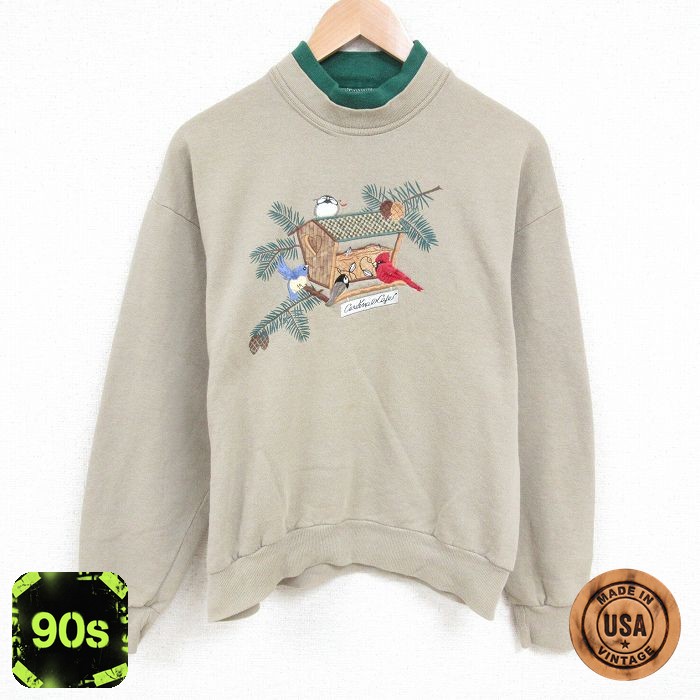 90s 長袖スウェット 刺繍 生成り L | 古着
